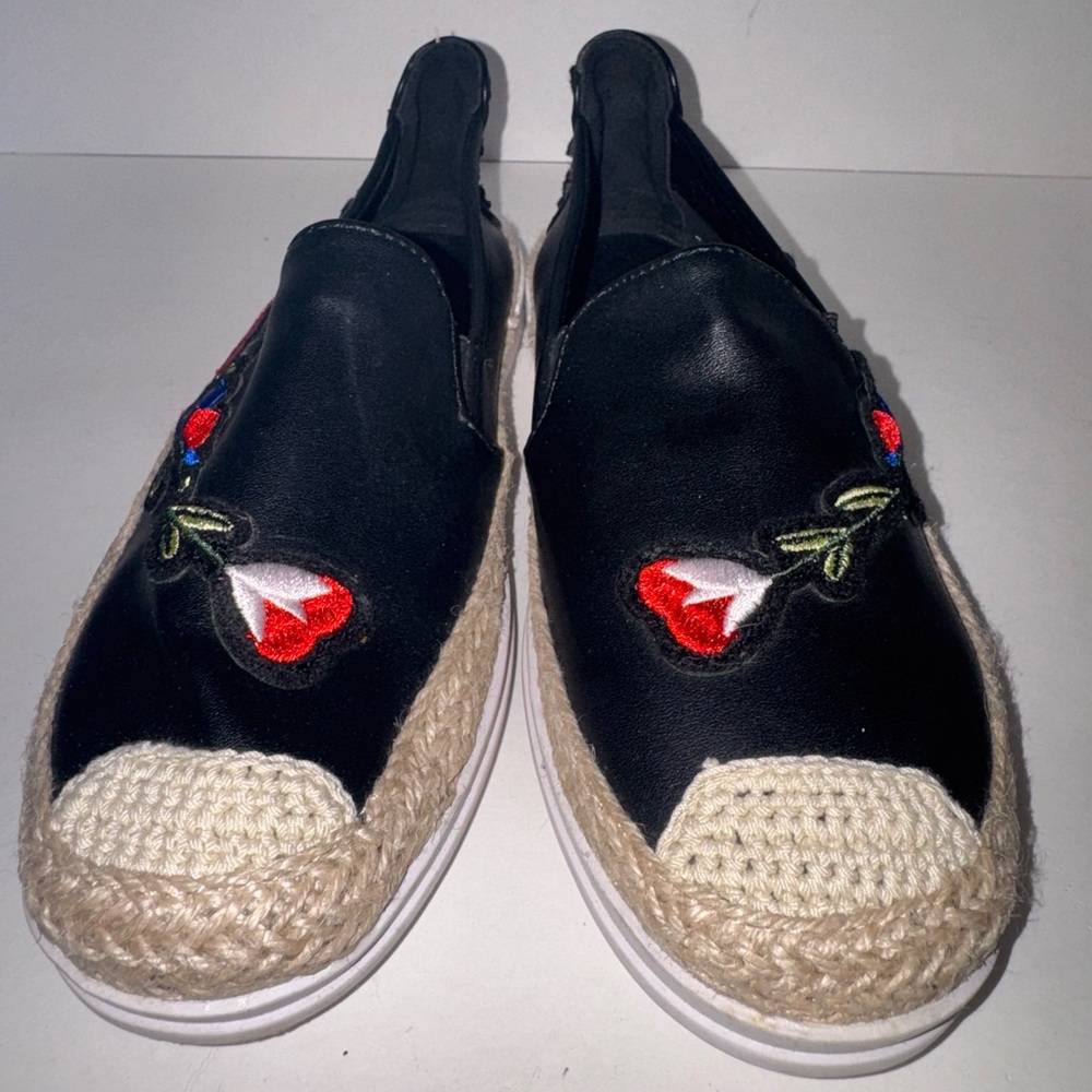 WANTED WOMEN'S SZ 8 BLACK ESPADRILLE SHOES FLATS SLIP ON BOHO HIPPIE FLOWER